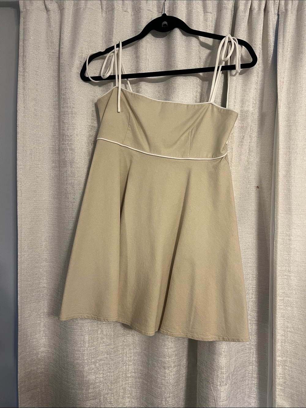 MAJORELLE Cream Mini Dress with White Piping and Tie Straps